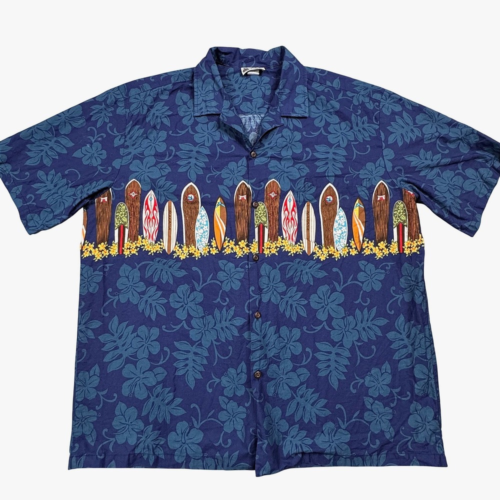 Aloha Republic Mens 2XL Blue Surfboard Hawaiian Shirt Made in USA‎ Cotton